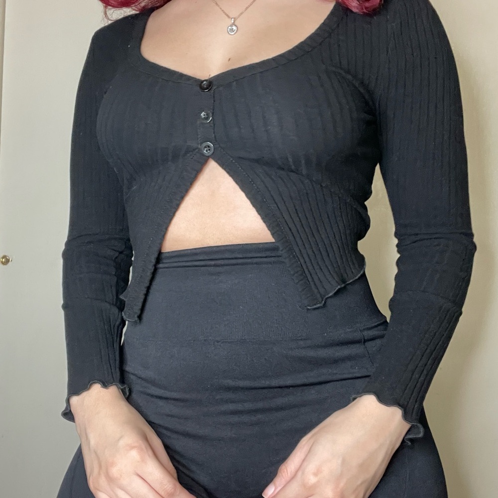 Black Ribbed Button-Up Women's Top - Picture 2 of 3